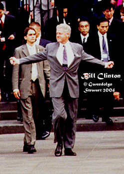 Photograph of President BILL CLINTON Emerging from the Cathedral at
the 1999 G-8 Summit, Cologne, Germany, by GWENDOLYN STEWART c. 2009; All
Rights Reserved